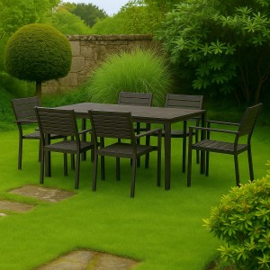 Vista ambientata set pranzo tavolo messico 158x78 con 6 sedie messico con braccioli struttura in legno e polietilene effetto legno colore marrone