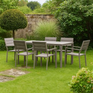 Vista ambientata set pranzo tavolo messico 158x78 con 6 sedie con braccioli messico struttura in metallo e polietilene effetto legno colore tortora