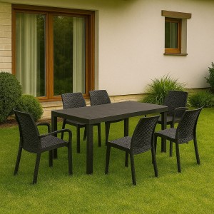 Ambientata set pranzo tavolo huston 150x90 con 4 sedie senza braccioli e 2 con braccioli in polipropilene 