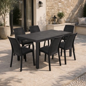Vista ambientata set pranzo tavolo huston 150x90 con 4 sedie senza braccioli e 2 con braccioli in polipropilene colore antracite
