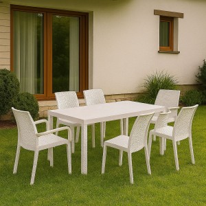Vista ambientata set pranzo tavolo huston 150x90 con 4 sedie senza braccioli e 2 con braccioli in polipropilene colore bianco