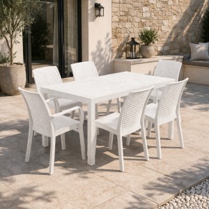 Vista ambientata set pranzo tavolo huston 150x90 con 4 sedie senza braccioli e 2 con braccioli in polipropilene colore bianco