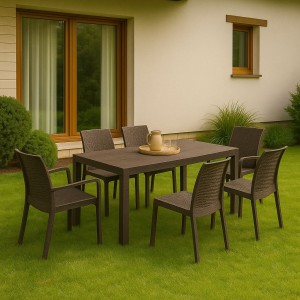 Vista ambientata set pranzo tavolo huston 150x90 con 4 sedie senza braccioli e 2 con braccioli in polipropilene colore marrone