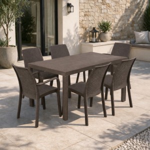 Vista ambientata set pranzo tavolo huston 150x90 con 4 sedie senza braccioli e 2 con braccioli in polipropilene colore marrone