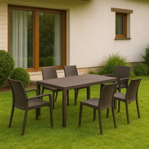 Vista ambientata set pranzo tavolo huston 150x90 con 4 sedie senza braccioli e 2 con braccioli in polipropilene colore tortora