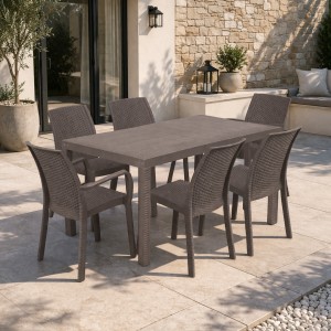 Vista ambientata set pranzo tavolo huston 150x90 con 4 sedie senza braccioli e 2 con braccioli in polipropilene colore tortora