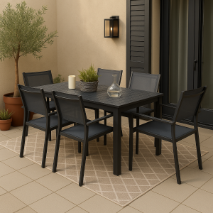 Vista ambientata Set Pranzo tavolo allungabile 160/240 in alluminio colore Antracite con 6 sedie con braccioli  modello Linosa Totò Piccinni