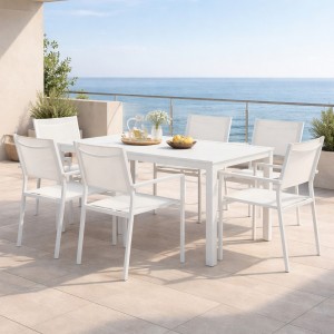 Vista ambientata Set pranzo tavolo allungabile 160/240 in alluminio colore Bianco con 6 sedie con braccioli modello Linosa Totò Piccinni