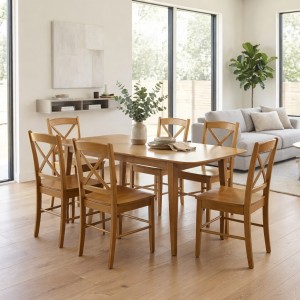 Vista ambientata set tavolo in legno allungabile Ester con 6 sedie in legno Creta colore Noce Totò Piccinni