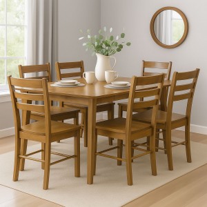 Vista ambientata set tavolo in legno allungabile Ester 120/160 con 6 sedie Petra colore Noce Totò Piccinni