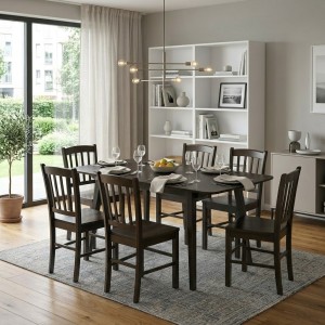 Vista ambientata set tavolo in legno allungabile Ester 120/160 con 6 sedie Silvia colore Wengé Totò Piccini 