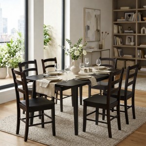 Vista ambientata set tavolino in legno allungabile Ester 120/160 con sedie in legno Veneta colore Wengé Totò Piccinni