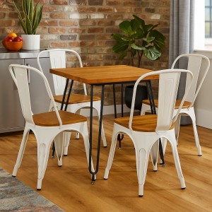 Vista ambientata Set da giardino in metallo con sedie con seduta in legno colore Vintage Bianco design industriale Totò Piccinni