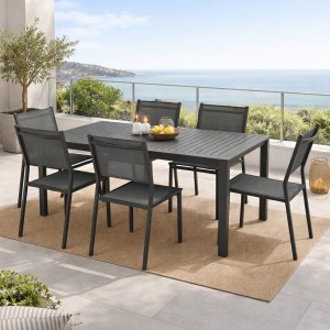 Vista ambientata Set pranzo da esterno con tavolo allungabile in alluminio 160/240 con 6 sedie senza braccioli modello Linosa Totò Piccinni