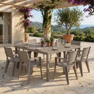 Vista ambientata Set da pranzo in polipropilene colore "tortora" con tavolo King Double e 8 Poltrone Emma Totò Piccinni