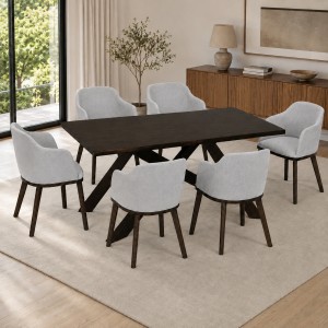 Vista ambientata Set da pranzo in legno massello con tavolo Etna 150 cm e poltroncine Tevere grigioTotò Piccinni