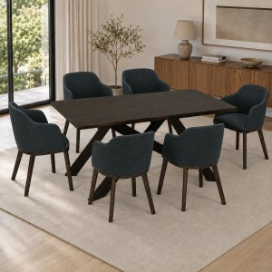 Vista ambientata Set da pranzo in legno massello con tavolo Etna 150 cm e poltroncine Tevere nero Totò Piccinni
