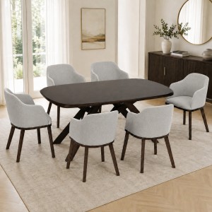 Vista ambientata Set da pranzo in legno massello con tavolo Lipari 150 cm e poltroncine Tevere grigio Totò Piccinni