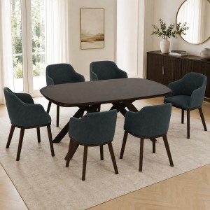 Vista ambientata Set da pranzo in legno massello con tavolo Lipari 150 cm e poltroncine Tevere nero Totò Piccinni