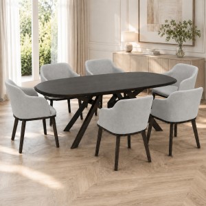 Vista ambientata Set da pranzo in legno massello con tavolo Lipari 180 cm e poltroncine Tevere grigio Totò Piccinni