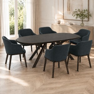 Vista ambientata Set da pranzo in legno massello con tavolo Lipari 180 cm e poltroncine Tevere nero Totò Piccinni