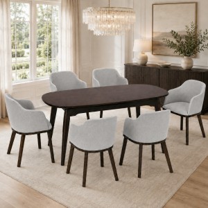 Vista ambientata Set da pranzo in legno massello con tavolo Nevea 130/162.5 cm e poltroncine Tevere grigio Totò Piccinni