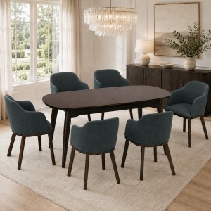 Vista ambientata Set da pranzo in legno massello con tavolo Nevea 130/162.5 cm e poltroncine Tevere nero Totò Piccinni