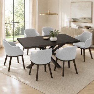Vista ambientata Set da pranzo in legno massello con tavolo Panarea 150 cm e poltroncine Tevere grigio Totò Piccinni