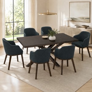 Vista ambientata Set da pranzo in legno massello con tavolo Panarea 150 cm e poltroncine Tevere nero Totò Piccinni