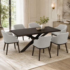 Vista ambientata Set da pranzo in legno massello con tavolo Panarea 180 cm e poltroncine Tevere grigio Totò Piccinni