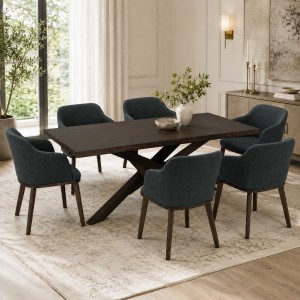 Vista ambientata Set da pranzo in legno massello con tavolo Panarea 180 cm e poltroncine Tevere nero Totò Piccinni