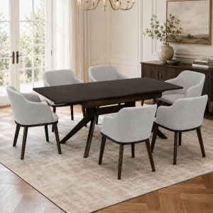 Vista ambientata Set da pranzo in legno massello con tavolo Tonale 120/170cm e poltroncine Tevere grigio Totò Piccinni