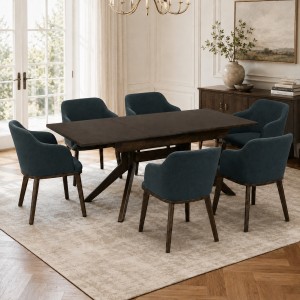 Vista ambientata Set da pranzo in legno massello con tavolo Tonale 120/170cm e poltroncine Tevere nero Totò Piccinni
