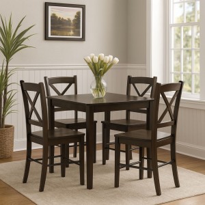 Vista ambientata set tavolo Teo 75 e 4 sedie kit Creta colore Wengé Totò Piccinni