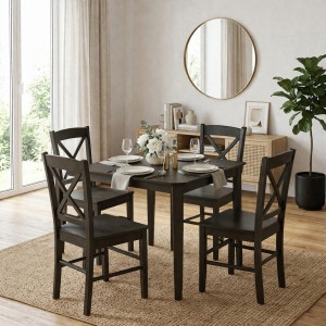 Vista ambientata set tavolo Teo 75 e 4 sedie kit Creta colore Wengé Totò Piccinni