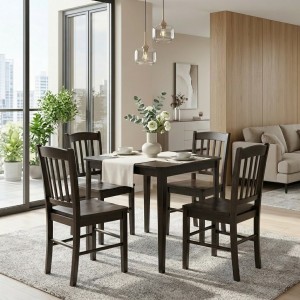 Vista ambientata set tavolo in legno Teo 75 con 4 sedie in legno Silvia colore Wengé Totò Piccinni
