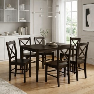 Vista ambientata set tavolo in legno Teo 110 e 6 sedie in legno Creta colore Wengé Totò Piccinni