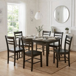 Vista ambientata set tavolo in legno Teo 110 con 6 sedie in legno Petra colore Wengé Totò Piccinni