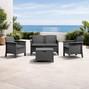Vista ambientata Set da giardino in rattan divano 2 poltrone e tavolino colore Antracite con cuscini modello Venezia Totò Piccinni