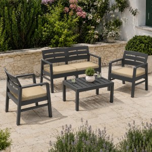 Vista ambientata Salottino design moderno da giardino divano 2 poltrone e tavolino colore Antracite modello Java Totò Piccinni