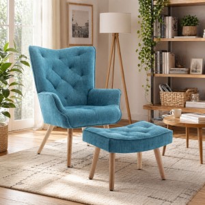 Vista ambientata Poltrona con sgabello colore Blu con gambe in legno modello Siesta Totò Piccinni