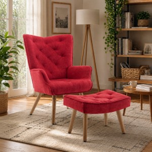 Vista ambientata Poltrona con sgabello colore Bordeaux con gambe in legno modello Siesta Totò Piccinni