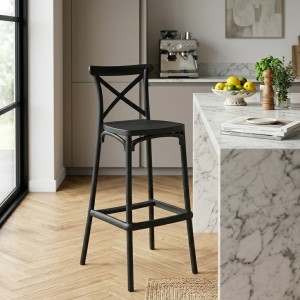 Vista ambientata Sgabello bar in polipropilene con schienale incrociato colore "antracite" modello Cross Totò Piccinni