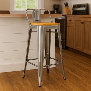 Vista ambientata Sgabello Alto con schienale e poggiapiedi colore silver design industriale - Industry Totò Piccinni vista obliqua