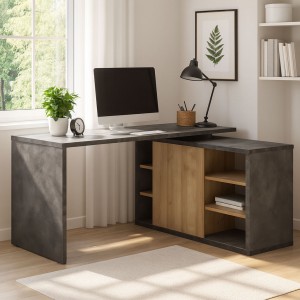 Vista ambientata Scrivania angolare moderna in legno colore "Rovere/Cemento" modello Sydney Totò Piccinni