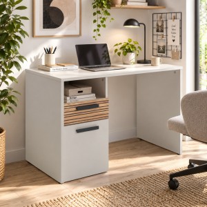 Vista ambientata Scrivania da ufficio in legno colore "Cannettato/Cashmere" con 1 vano e 1 anta modello Zefiro Totò Piccinni