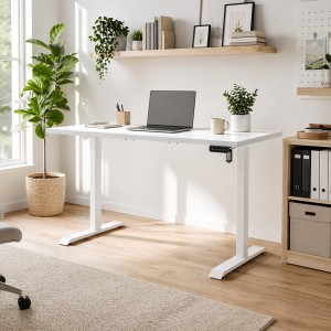 Vista ambientata Scrivania da camera con piano Bianco e gambe Bianco regolabile in altezza elettricamente modello Progress Totò Piccinni