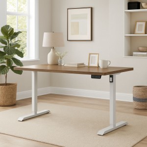 Vista ambientata Scrivania da camera con piano Noce Brera e gambe Bianco regolabile in altezza elettricamente modello Progress Totò Piccinni