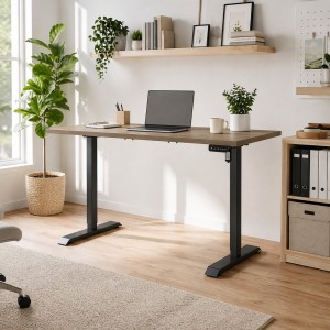 Vista ambientata Scrivania da camera con piano Noce Brera e gambe Nero regolabile in altezza elettricamente modello Progress Totò Piccinni