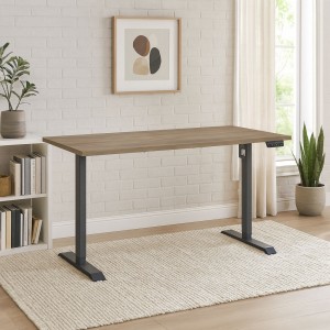 Vista ambientata Scrivania da camera con piano Noce Brera e gambe Nero regolabile in altezza elettricamente modello Progress Totò Piccinni